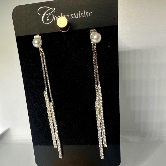 Silver Crystal Pearl Tassel Drop Earrings Long Rhinestone Bridal Prom - Picture 5 of 13